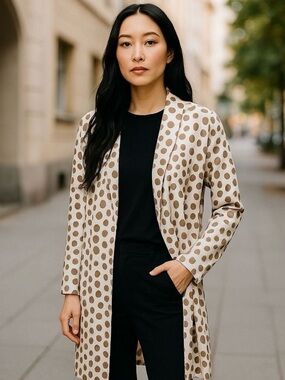 Open Front Polka Dot Duster - Cream with Taupe Spots